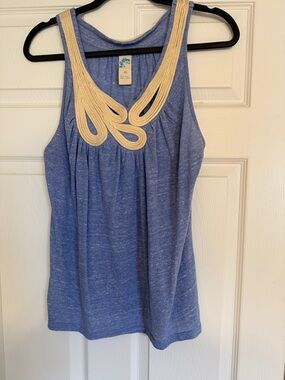 Anthropologie Blue Tank with Cream Braided Neckline Detail